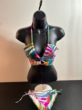 Xhilaration Tropical Print Halter Bikini - Green Pink Blue